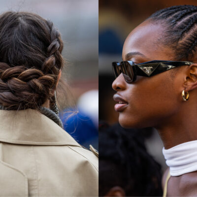 side-by-side photo of woman with braided bun and a cornrow braid high ponytail