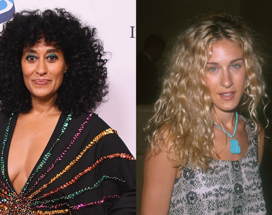side by side images of Tracee Ellis Ross and Sarah Jessica Parker|Actress Drew Barrymore wearing a black dress with red lipstick