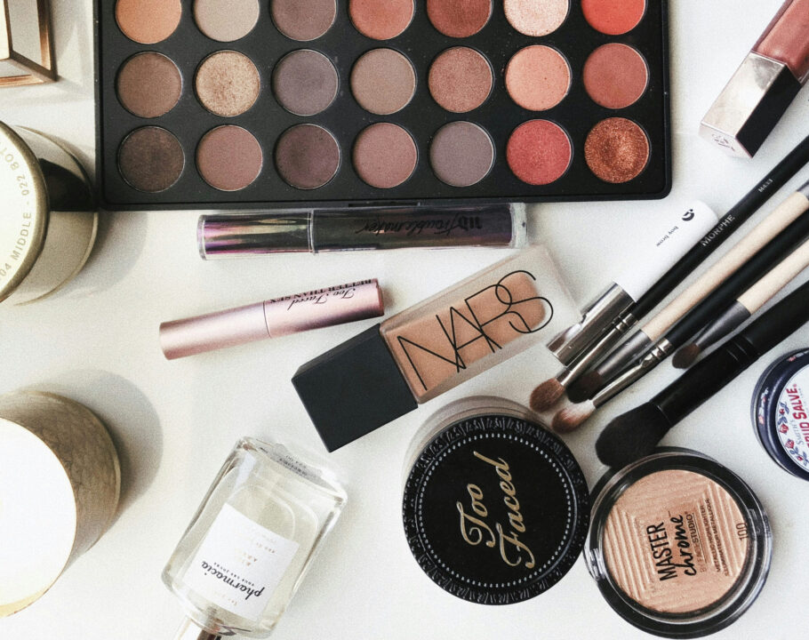 various makeup cosmetics on surface